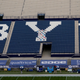 LaVell Edwards Stadium is empty of fans, during the coronavirus pandemic, before an NCAA college football game between BYU and Troy on Saturday, Sept. 26, 2020, in Provo, Utah.